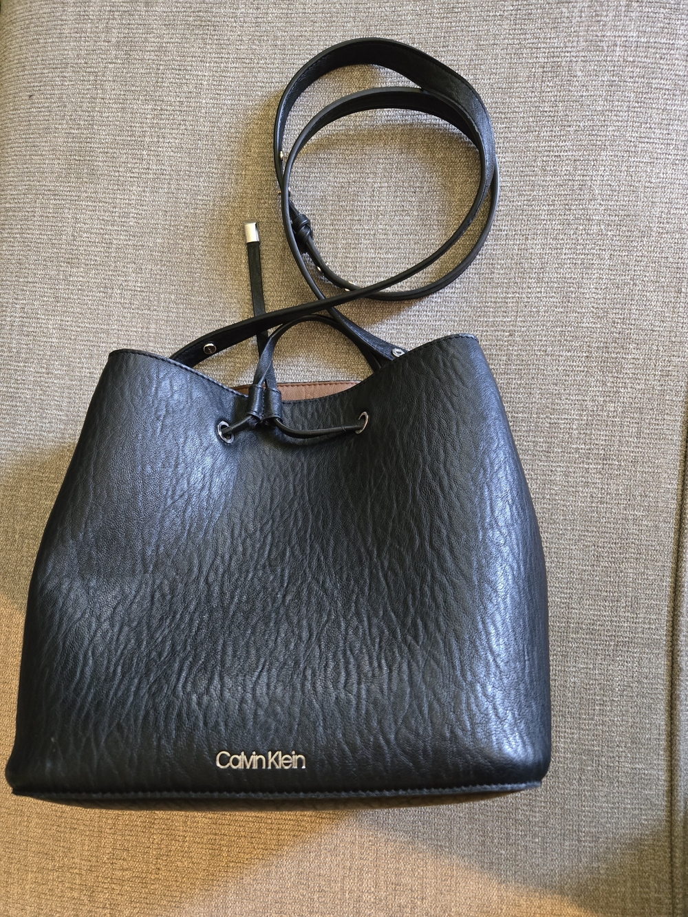 Calvin Klein Black Leather Drawstring Shoulder Bag